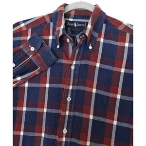 Ralph Lauren Shirt Mens Small Blue Brown Plaid Heavy Flannel Long Sleeve Button